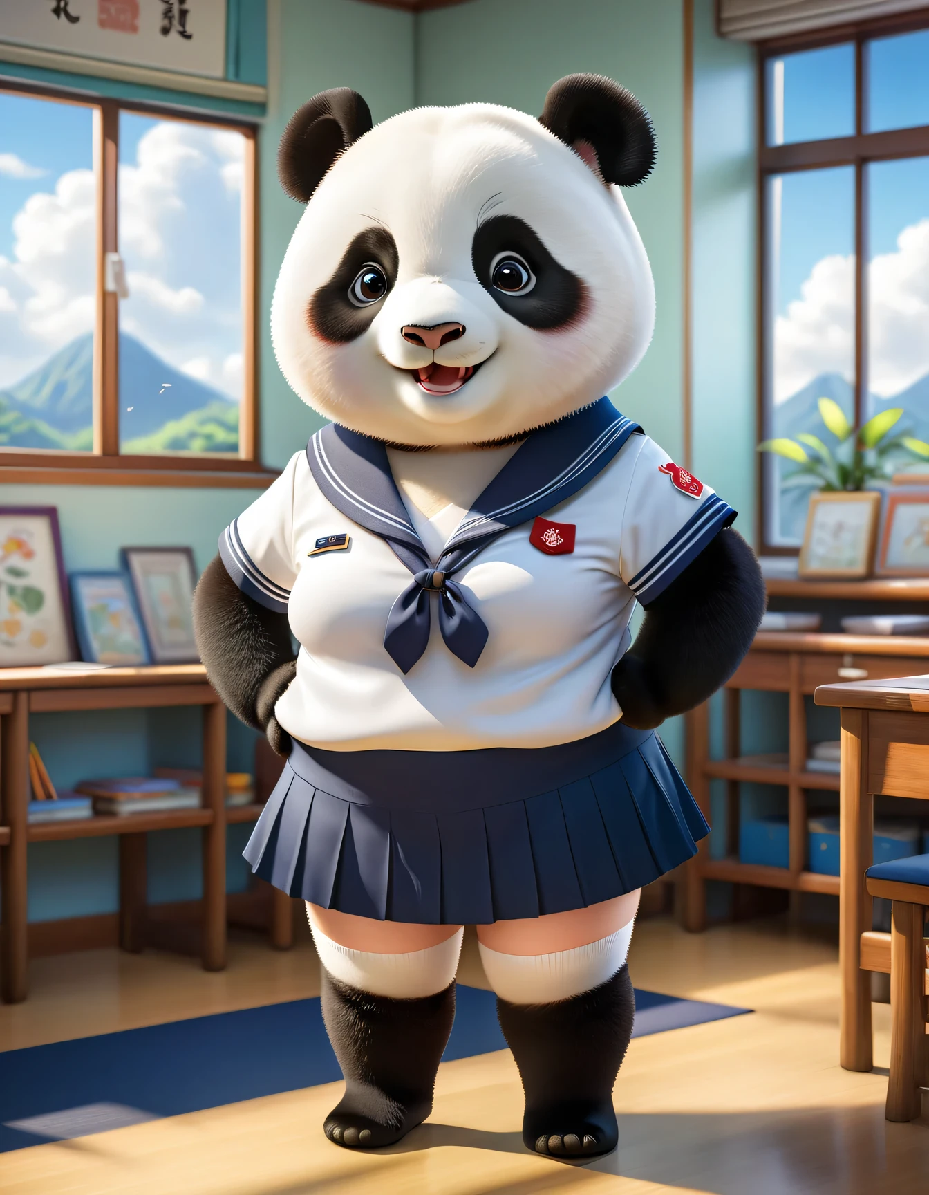  photorealistic portrait of Dressed animals-a ((fat))  ((panda)) student,(furry), (elegant pose:1.5), (hands on hips:1.5),(smile:1.5),high quality,(),(lovely) ,intricate details, Wearing Japanese sailor uniform , (short skirt), highly detailed ((female sailor  uniform)) ,highly detailed clothes, high sox , (happy), soft lighting,(full body image:2.0),in classroom background,clouds,score_9, score_8_up, score_7_up, score_6_up, score_5_up, score_4_up,