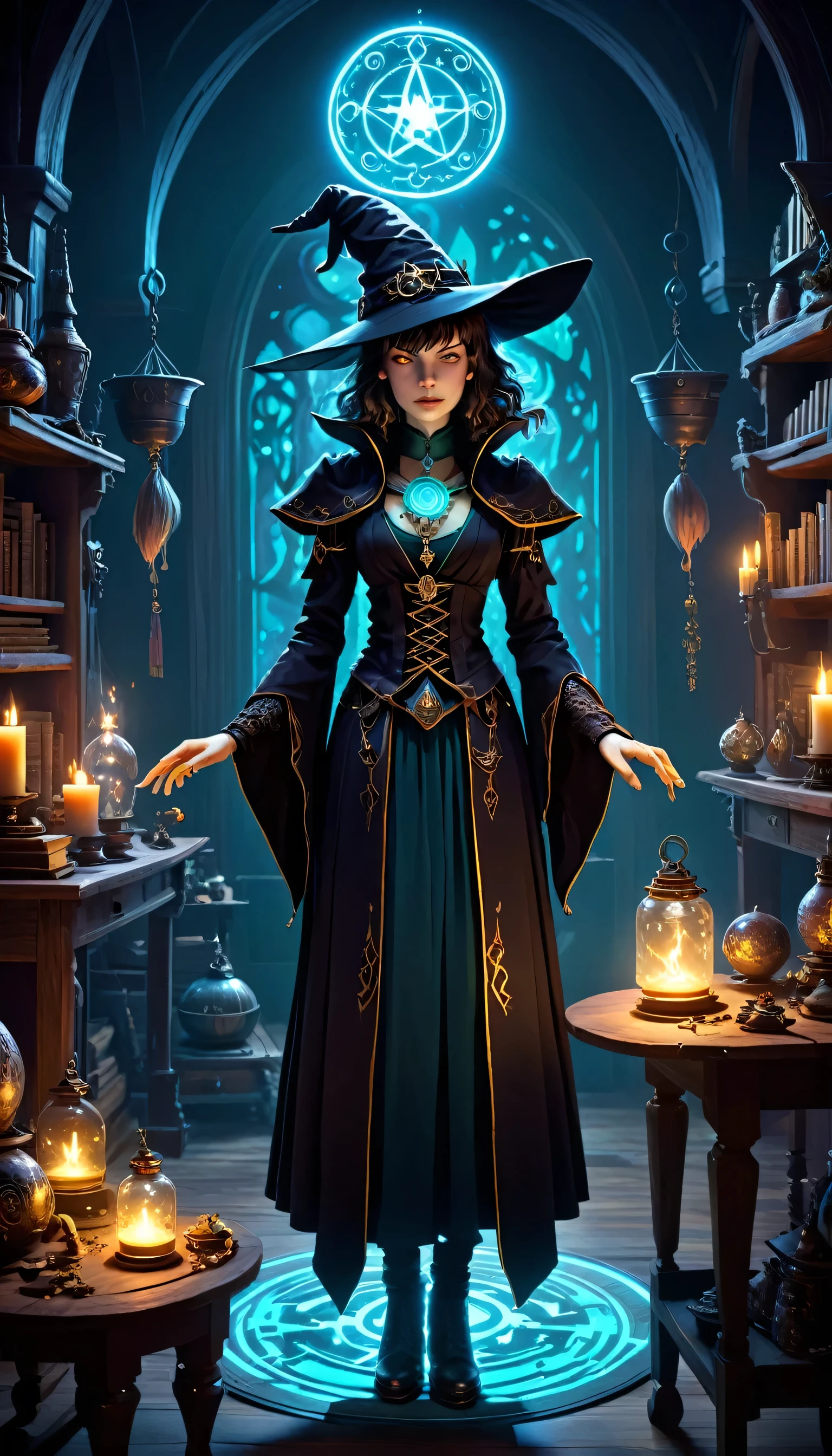 depicts a modern-day witch (Milla Jovovich) who has embraced the world of cybernetics to enhance her magical abilities. The artwork should convey the enchanting blend of traditional witchcraft and futuristic technology. Here are some specific elements to include: The Witch's Lair: The setting should be a cozy yet slightly eerie room, filled with magical books, crystal balls, potion ingredients, and antique furnishings. The room should be dimly lit by candles and a soft, mystical glow emanating from her cybernetic enhancements. The Cyborg Witch: The central focus of the artwork is the witch herself. She's a striking figure with a mix of traditional witch attire and cybernetic enhancements. Her clothing should have a witchy, occult aesthetic, with flowing robes, a pointed hat, and an intricate pentagram necklace. Her arms, however, have been upgraded with cybernetic components that incorporate magical symbols and glowing runes. Magical Interface: The witch is in the midst of casting a spell, with a holographic, touch-screen interface floating before her. This interface includes spell incantations, arcane symbols, and digital components, demonstrating her fusion of magic and technology. Spell Ingredients: On a nearby table, there should be a collection of spell ingredients, like herbs, potions, and magical artifacts. Some of these items may have been modified with cybernetic enhancements, blurring the line between the natural and the technological. Familiar: The witch's familiar, perhaps a cat or raven, should be present in the scene, serving as her magical companion. The familiar could also have subtle cybernetic enhancements or glowing eyes. Glowing Runes: The room should be adorned with ancient symbols and glowing runes on the walls and floor, contributing to the magical atmosphere. Aetherial Lighting: Use a combination of mystical, ethereal lighting and cybernetic glows to create a captivating interplay of light and shadow. The contrast between the tradit
