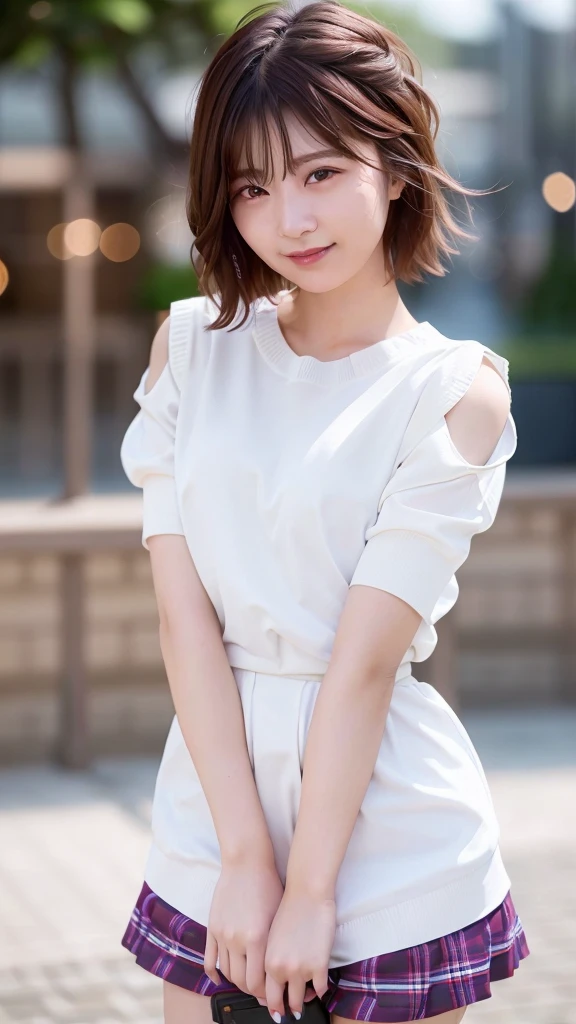 (Skin wounds:1.2), (Skin Dentition), black eye, 1woman, Age 25, (((woman))), alone, Realistic, Highest quality, photoRealistic, masterpiece, 8K, High resolution, alone, Highly detailed face, (Professional Lighting, Bokeh), (Particles of light, Lens flare, Glowing particles:0.6), (Dynamic pose:1.2), Soft lighting, View from above, Fashionable and trendy atmosphere, Japan, street, city, Tokyo, port, ((Daytime)), null, ((Looking at the audience:1)), (Looking into the camera),(Portraiture:0.6), Cowboy Shot, nice, Are standing, Maintain the original face proportions, Broad shoulders, whole body, (Small breasts), (short hair), Brown Hair, Floating Hair, lips, lipstick, seductive smile, Floating Hair, smile, Open_mouth, teeth, (White blouse without sleeves), (Jumper skirt), eyelash, Mole, (Mole under eye:1),