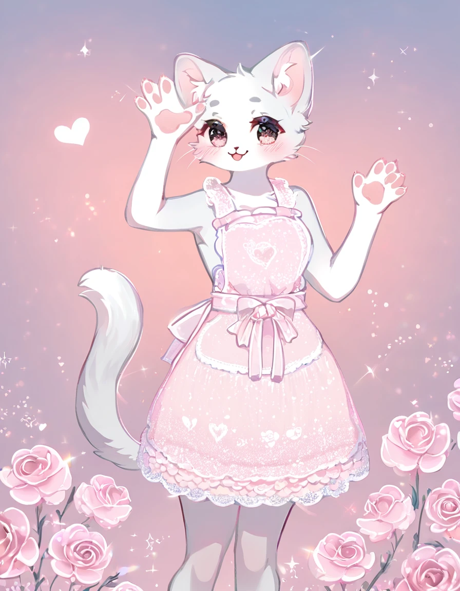 very cute slender white female cat, pink flowers on her ears, standing and waving, grey heart mark on her belly, lace apron from the waist down, grey tail, fluffy effect in pastel colors, glitter effect