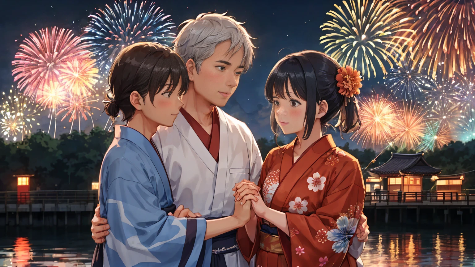 A man wearing a brown jinbei with many fireworks being launched from the riverbank at night during a fireworks festival２５Old man wearing a floral yukata１７The upper body of a man and woman looking at each other with the older woman holding hands and blushing２It&#39;s a shot。 Men are taller, so there is a height difference