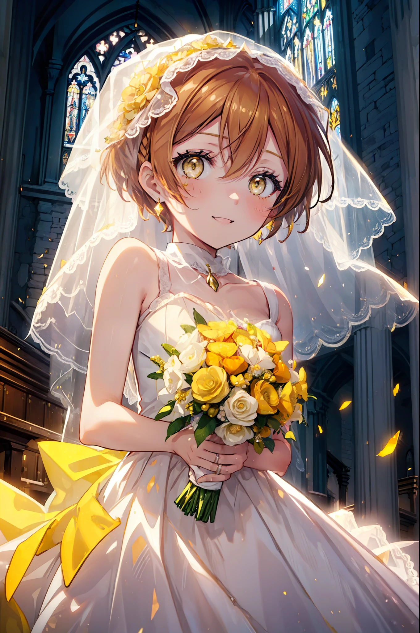 Rin Hoshizora (Yellow Eyes:1.5), Hair between the eyes, Brown Hair,short hair,blush,happy smile, smile, Open your mouth,Wedding dress,Veil,bouquet,　　　　　　　　　　　　break looking at viewer, whole body,(Cowboy Shot:1. 5) 　　　　　　　　　　　　　　　　　　　break indoors, Chapel,church, 　　　　　　　　　　　break (masterpiece:1.2), Highest quality, High resolution, unity 8k wallpaper, (shape:0.8), (Beautiful attention to detail:1.6), Highly detailed face, Perfect lighting, Extremely detailed CG, (Perfect hands, Perfect Anatomy),