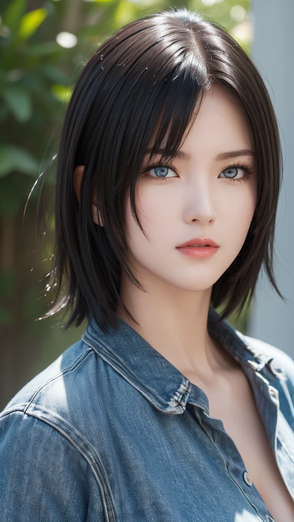 (Highest quality:1.5, High resolution, 超High resolution, 4K, Fine grain, Detailed lighting, Detailed Hair, Shaders), Black Hair, Bobcut, Hair covering one eye, Cool woman, Cool girl, Sharp eyes, blue eyes, beautiful, Large Breasts, Casual clothing, (throw, Close-up shot)