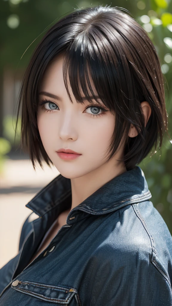 (Highest quality:1.5, High resolution, 超High resolution, 4K, Fine grain, Detailed lighting, Detailed Hair, Shaders), Black Hair, Bobcut, Hair covering one eye, Cool woman, Cool girl, Sharp eyes, blue eyes, beautiful, Large Breasts, Casual clothing, (throw, Close-up shot)