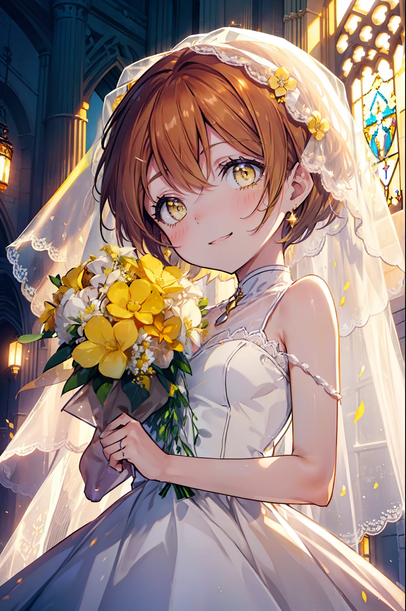 Rin Hoshizora (Yellow Eyes:1.5), Hair between the eyes, Brown Hair,short hair,blush,happy smile, smile, Open your mouth,Wedding dress,Veil,bouquet,　　　　　　　　　　　　break looking at viewer, whole body,(Cowboy Shot:1. 5) 　　　　　　　　　　　　　　　　　　　break indoors, Chapel,church, 　　　　　　　　　　　break (masterpiece:1.2), Highest quality, High resolution, unity 8k wallpaper, (shape:0.8), (Beautiful attention to detail:1.6), Highly detailed face, Perfect lighting, Extremely detailed CG, (Perfect hands, Perfect Anatomy),