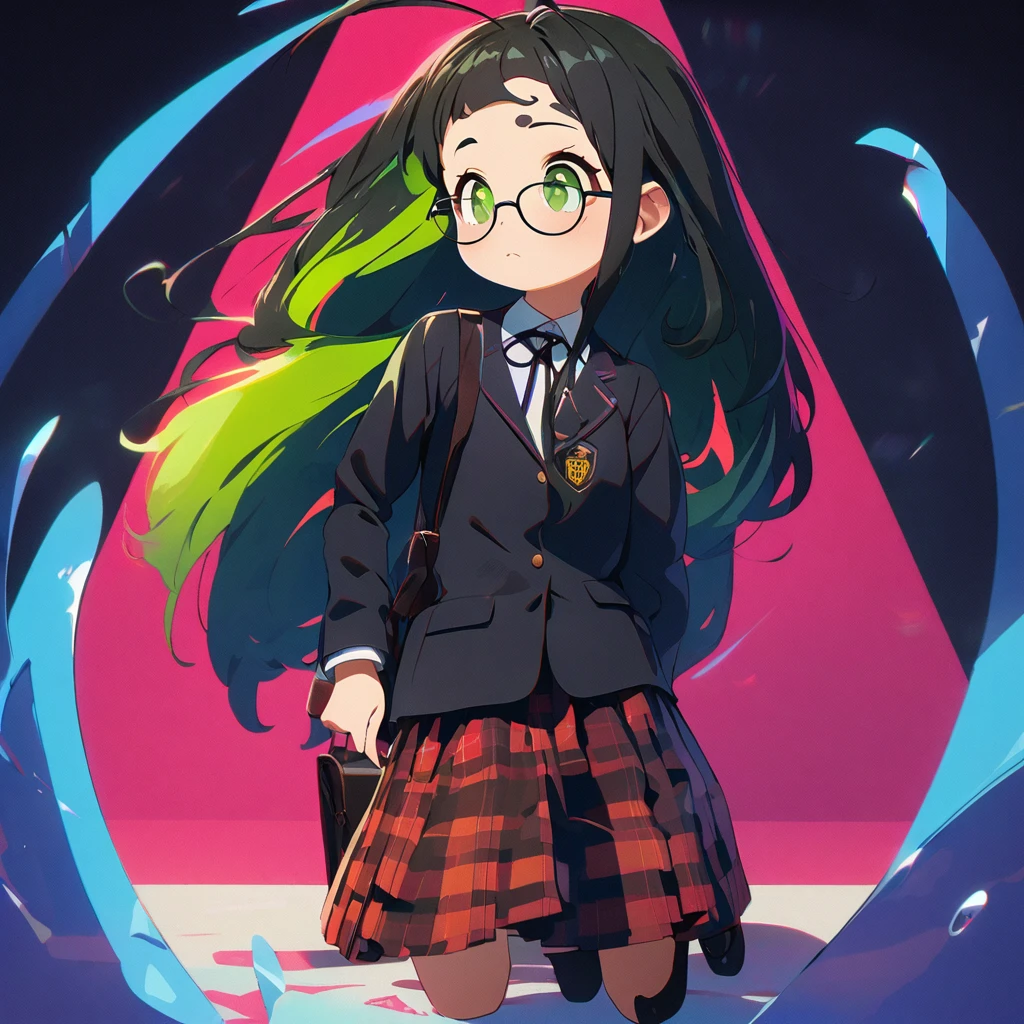 simple background, flat design, (masterpiece, cute_cartoon_style, official_art, octane_render):1.33, ice_photography, double exposure prism,
1 girl, black school bag, point her finger at phone, (perfect anatomy, perfect hands only 5fingers), (detailed green eyes, jet-black long_hair, colored inner green ombre hair multicolored hair,antenna hair):1.21, diffused_natural_skin_glow, headphone, staring, (in black combination_school blazer, tartan plaid skirt), cherubic_face, melancholy, eyebrows, black_leather_shoes, bespectacled, thrusting_hand_out, light shadow symmetry, ethereal lighting, ray tracing,
repaint (jet-black long_hair, colored inner green hair):1.33,