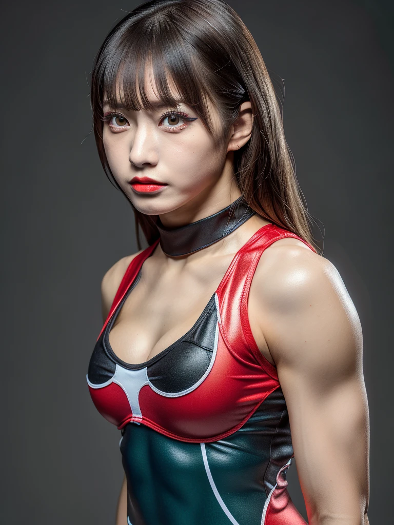 (masterpiece, ultra-detailed, ultra-realistic, best quality, clear focus, photorealistic), (solo, 1 woman), (ultra-high resolution, 8k, 16k:1.3), (full body:1.3), very wide shot, (perfect anatomy:1.3), perfect face, (detailed face, detailed eye), (18 years old Japanese but famous professional wrestler), (wearing a cute with stylish colored wrestling uniform:1.2), extremely tight fitting uniform, (fighting at wrestling arena:1.3), (large breasts:1), slim waist, (beautiful but cool face:1.2), (Bad girl:1.3), cool girl atmosphere, (makeup:1.1), (eyeliner:1.2), (dynamic angle:1), (dynamic pose:1.2), (hip focus), (slender but very muscular:1.3), (very broad shoulders), painful expressions, (strong light, flat light:1.3), gal.safetensors