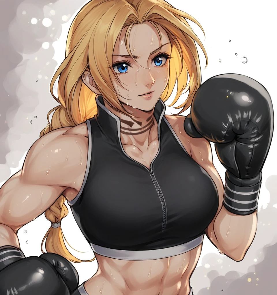 score_9, score_8_up, score_7_up, score_6_up, Detailed Background, BREAK
 koasmirage, 1girl, long hair, sports bra, klausian neck markings, sweating,blonde hair, blue eyes, single braid,BREAK
boxing ring, boxing gloves, mma,