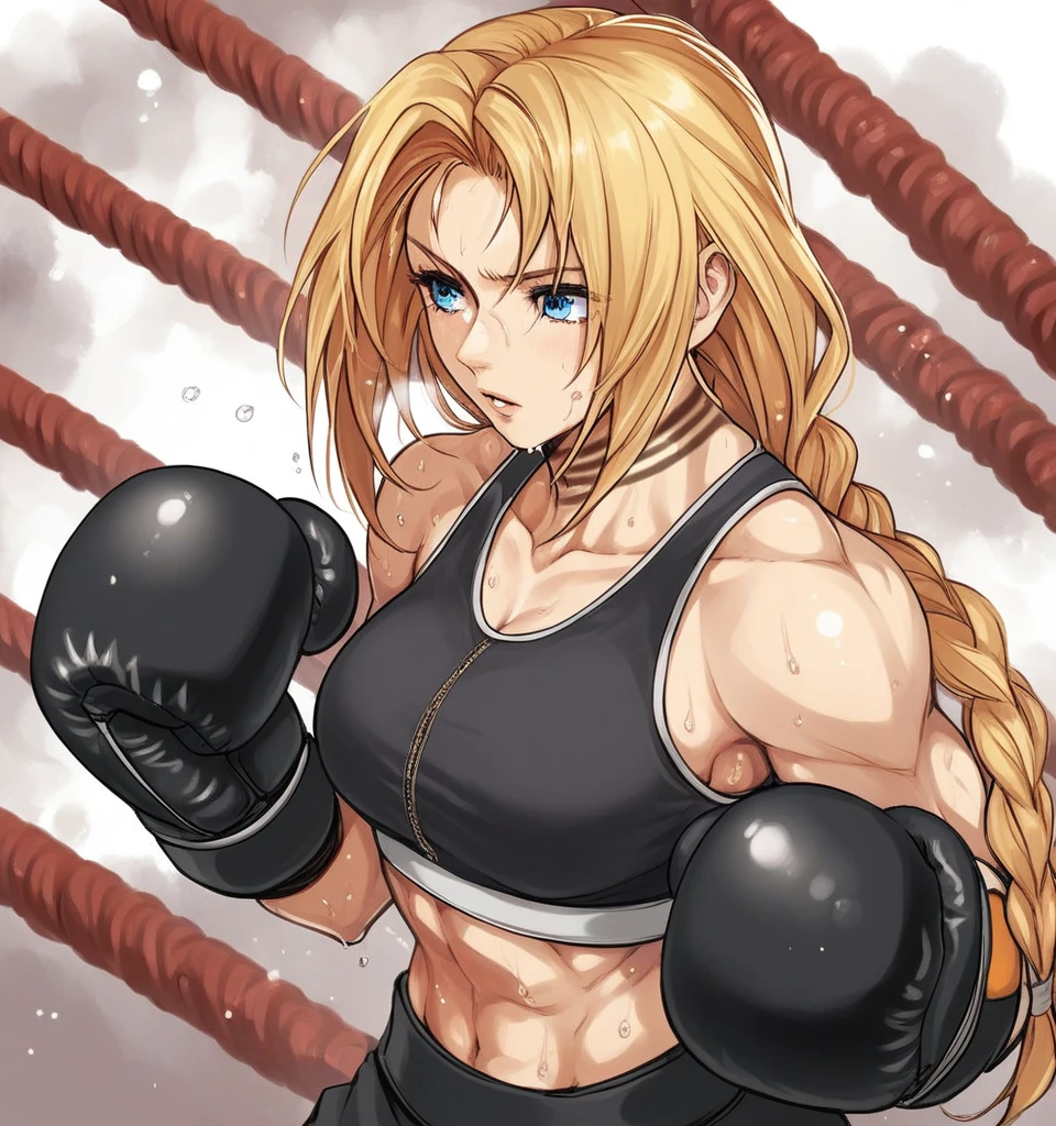 score_9, score_8_up, score_7_up, score_6_up, Detailed Background, BREAK
 koasmirage, 1girl, long hair, sports bra, klausian neck markings, sweating,blonde hair, blue eyes, single braid,BREAK
boxing ring, boxing gloves, mma,