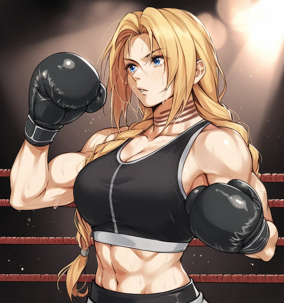 score_9, score_8_up, score_7_up, score_6_up, Detailed Background, BREAK
 koasmirage, 1girl, long hair, sports bra, klausian neck markings, sweating,blonde hair, blue eyes, single braid,BREAK
boxing ring, boxing gloves, mma,