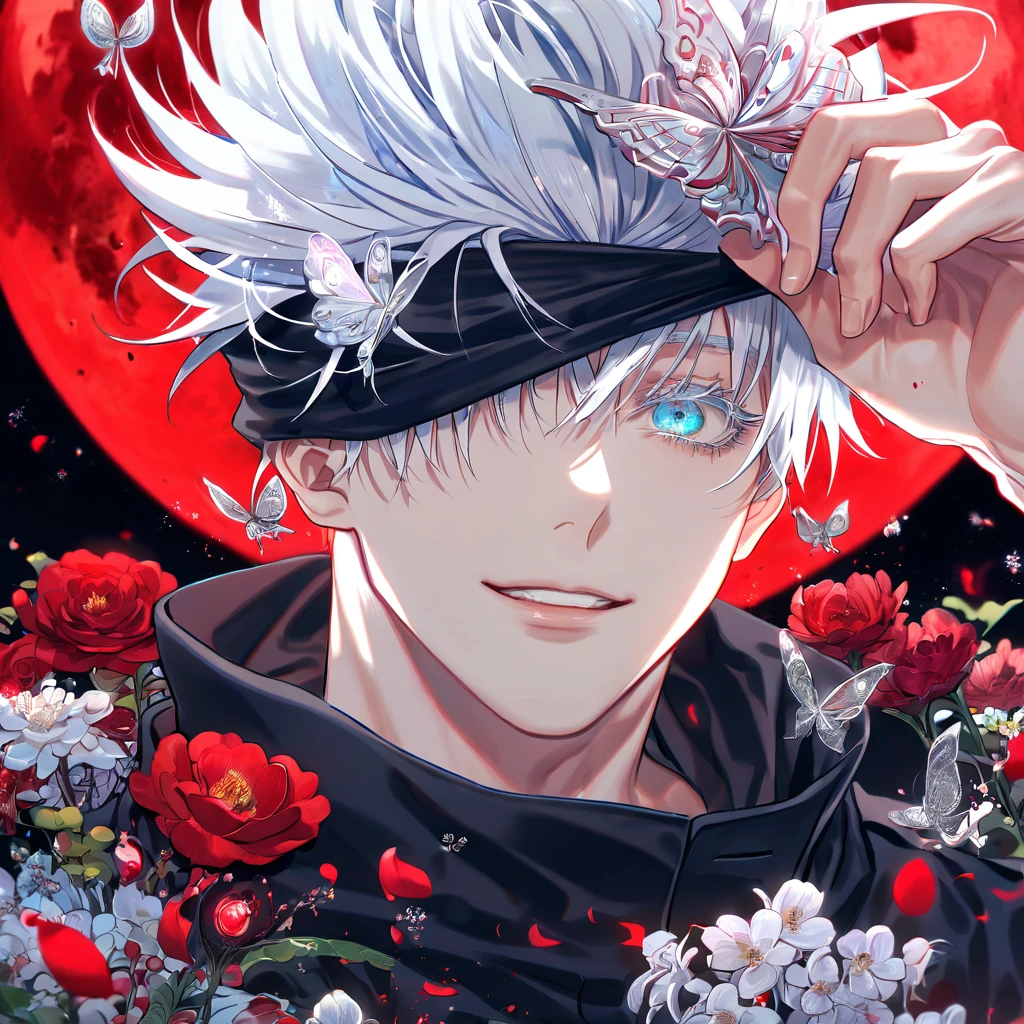 absurdres, highres, ultra detailed, HDR, master piece, extremely detailed, Gojou Satoru, white hair, blindfolded eyes, Jujutsu Kaisen, sexy man, handsome, best quality, red moon, flowers, fantasy, magical, solo, red water, red shining fireflies, red petals, handsome smile, silver small butterflies, red dust, black coat,