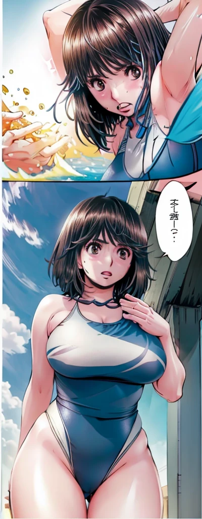 A boyish, short-haired, busty, beautiful-legged beauty is standing by the pool in a competitive swimsuit with her legs spread to the sides, her mouth open, and her face blushing.。Angle from below。