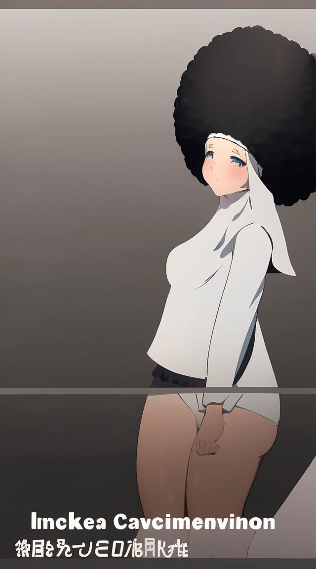Nun, white clothes, dark skin, dark skinned, breasts big, Giant ass, thick-thighs, hair covering eyes, black afro hair