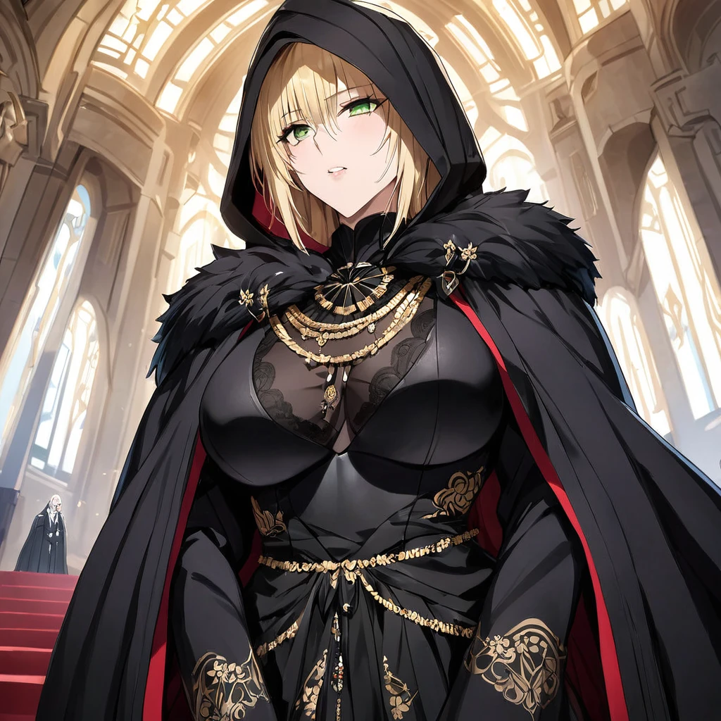 ((Highest quality)), ((masterpiece)), (detailed), （Perfect Face）、The woman is a thief with green eyes and medium-long blonde hair. She is wearing a gorgeous black wedding dress with gorgeous gold embroidery and trim, a black wedding veil, and an engagement ring.、The woman is married to Emperor Palpatine in a lavish space empire church.、The woman is standing close to the Emperor, and the dignified old Emperor Palpatine is holding the woman close to him as they hold their wedding ceremony.、The man is Darth Sidious, Emperor Palpatine, Dark Lord of the Sith, a wrinkled, dignified, ugly old man wearing a black hooded robe.