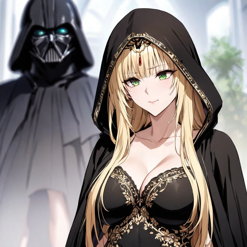 ((Highest quality)), ((masterpiece)), (detailed), （Perfect Face）、The woman is a thief with green eyes and medium-long blonde hair. She is wearing a gorgeous black wedding dress with gorgeous gold embroidery and trim, a black wedding veil, and an engagement ring.、The woman is married to Emperor Palpatine in a lavish space empire church.、The woman is standing close to the Emperor, and the dignified old Emperor Palpatine is holding the woman close to him as they hold their wedding ceremony.、The man is Darth Sidious, Emperor Palpatine, Dark Lord of the Sith, a wrinkled, dignified, ugly old man wearing a black hooded robe.