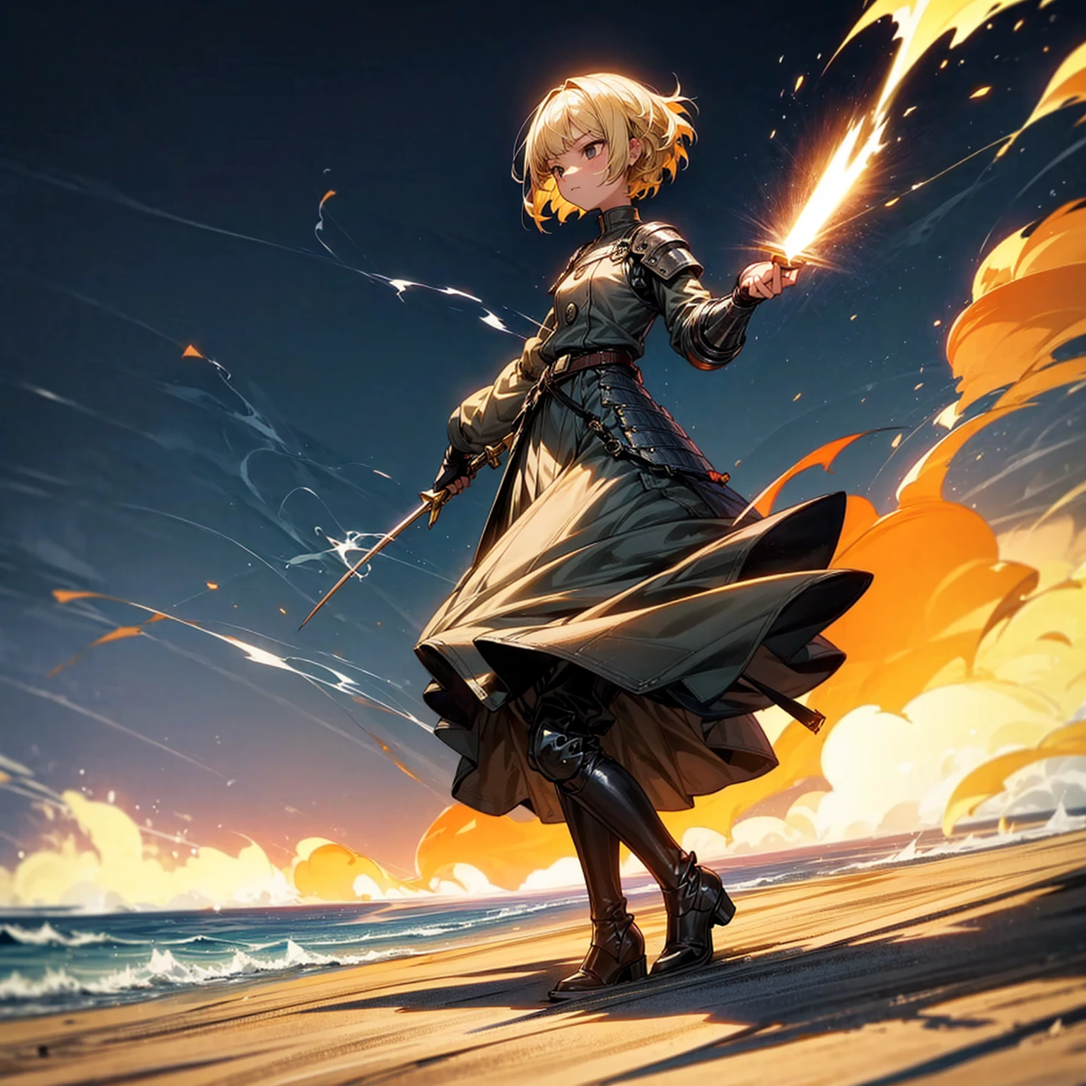1girl, Full body version, 1character, girl version, black eyes color, bob Curly haircut, blonde colour hair, army style clothing, long skirt, long boots, iron armor, knife in hand, Grassroots, background in beach, motion blur, (one piece style art), standing gesture, (high angle view) , aura effect, lighting aura, smoke effect, lighting sun, sun, plasma effect, smoke effect, fire, lighting knife 