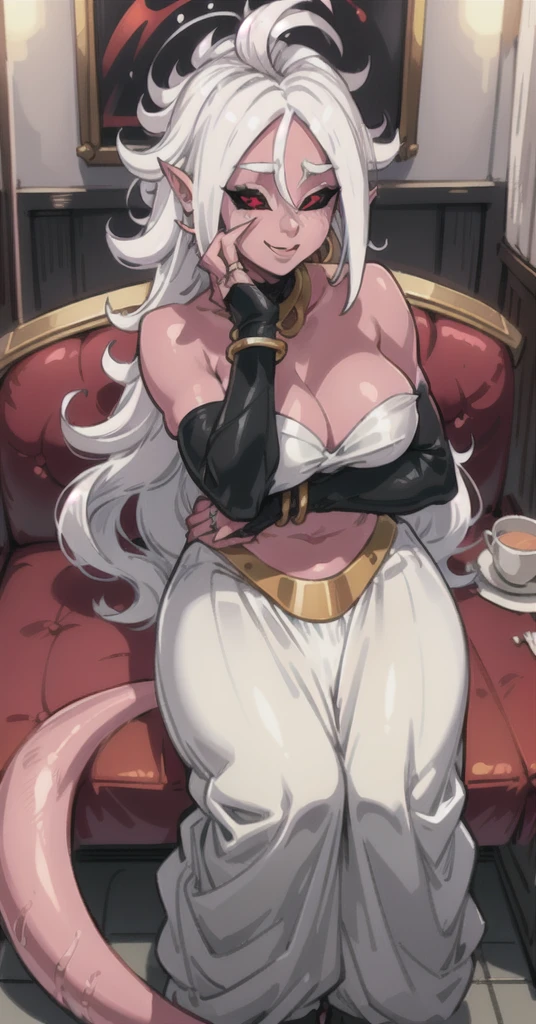 work of art, she is standing, she is showing her side to the camera, sideways to camera, best qualityer, ma21, Black Sclera, Pink skin, top of the tube, bracelet, harem pants, Tailpussy, sitting down, restaurant, body sideways to the viewer, ssmile, furled brow