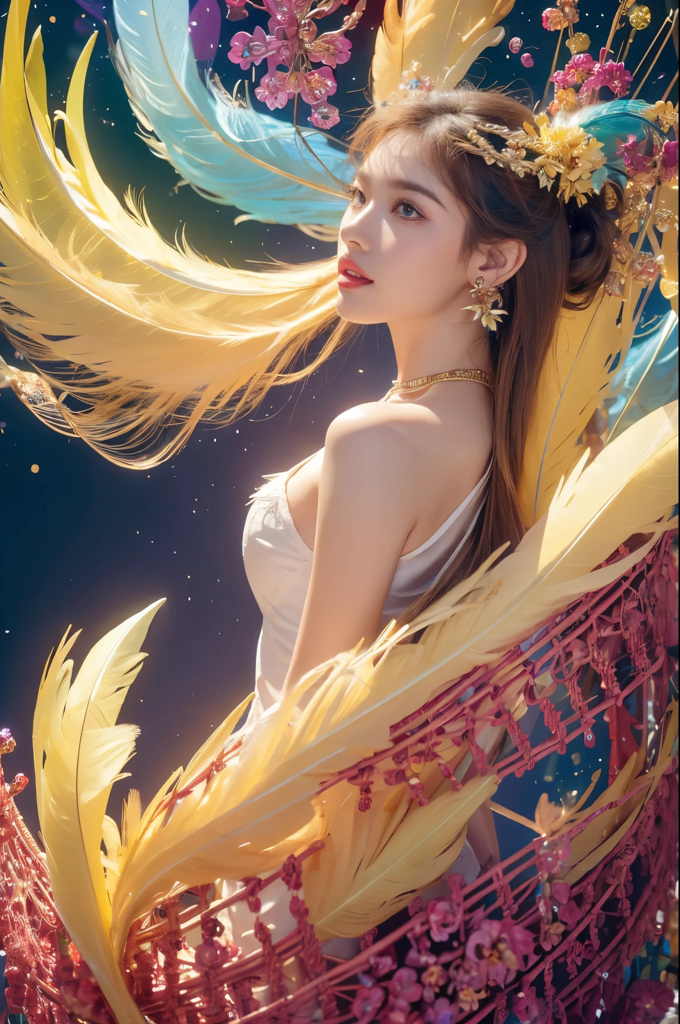 A girl with small breasts, bare shoulders, golden hair, colored feathers, metal ornaments, colored flowers, particles, light rays, (masterpiece, top quality, best quality, official art, beautiful and aesthetic:1.2), (1girl:1.3), extremely detailed,(fractal art:1.1),(colorful:1.1)(flowers:1.3),highest detailed,(zentangle:1.2), (dynamic pose), (abstract background:1.3), (shiny skin), (many colors :1.4), ,(earrings:1.4), (feathers:1.4)