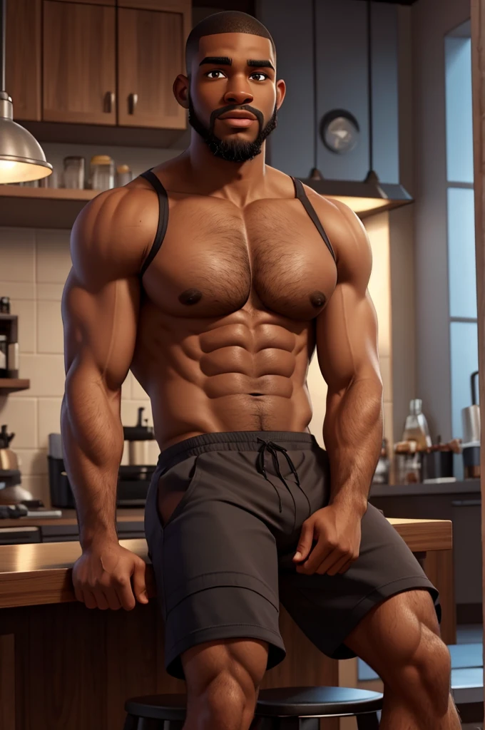 a hot black male, savon jackson, well-trimmed beard, dark skin, buzzcut, early 20s, sitting on bar stool in modern kitchen, beefy body, big juicy jiggly pecs, extremely detailed, realistic, photorealistic, 8k, high quality, cinematic lighting, dramatic shadows, warm color tones, wearing a tank top and boxers, flexing