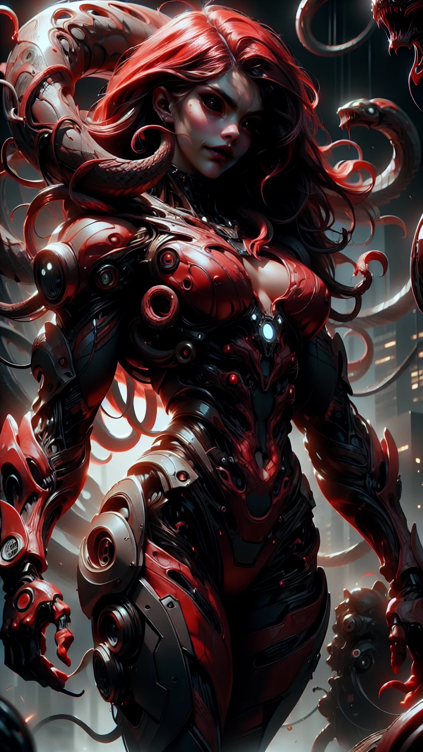 (beautiful girl:1.25), (megan fox:1.25), (young bodybuilder girl wearing cybernetic muscle suit:1.25), (medusa head with tentacles:1.25), carnage muscular physique, seductive face, mouth wide open carnage style, long red hair, perfect muscular body, super skinny legs, sissy, femboy, (carnage style physique), (large fake breasts:1.45)