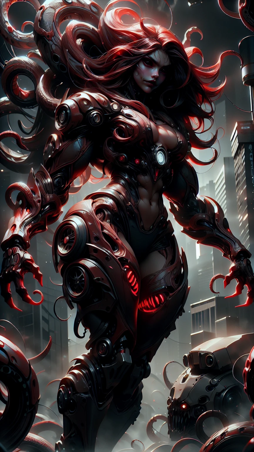 (beautiful girl:1.25), (megan fox:1.25), (young bodybuilder girl wearing cybernetic muscle suit:1.25), (medusa head with snakes for hair), carnage muscular physique, seductive face, mouth wide open carnage style, long red hair, perfect muscular body, super skinny legs, sissy, femboy, (carnage style physique)
