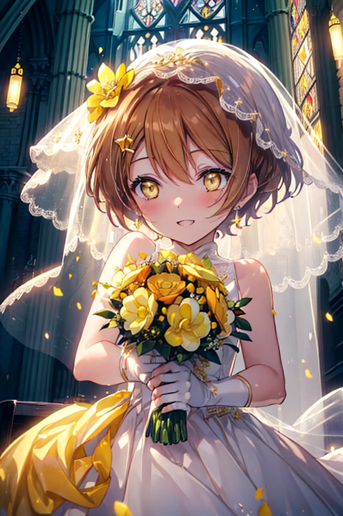 Rin Hoshizora (Yellow Eyes:1.5), Hair between the eyes, Brown Hair,short hair,blush,happy smile, smile, Open your mouth,Wedding dress,Veil,bouquet,　　　　　　　　　　　　break looking at viewer, whole body,(Cowboy Shot:1. 5) 　　　　　　　　　　　　　　　　　　　break indoors, Chapel,church, 　　　　　　　　　　　break (masterpiece:1.2), Highest quality, High resolution, unity 8k wallpaper, (shape:0.8), (Beautiful attention to detail:1.6), Highly detailed face, Perfect lighting, Extremely detailed CG, (Perfect hands, Perfect Anatomy),