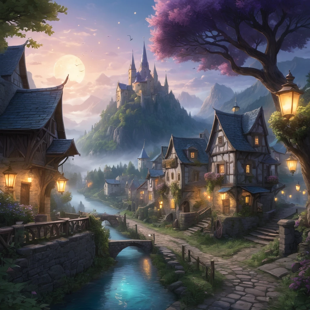 Create an incredibly enchanting and visually stunning image of an "Ancient Otherworldly Little Town." Imagine a secluded, mystical village nestled in a hidden valley, surrounded by towering, ethereal mountains and dense, enchanted forests. The architecture of the town is a blend of ancient stone buildings with intricate carvings and organic, nature-inspired structures that seem to grow from the ground itself.
In the foreground, a cobblestone street winds through the town, lined with lanterns that emit a soft, magical glow. The townspeople, dressed in robes and garments of an otherworldly style, go about their daily activities, some tending to glowing gardens, others working with mysterious artifacts.
The town square features a magnificent, ancient tree with sprawling branches that reach towards the sky, its leaves shimmering with an iridescent light. Around the tree, market stalls sell exotic goods and magical items, creating a bustling, vibrant atmosphere.
The sky above is a twilight gradient of deep purples, blues, and teals, with stars and celestial phenomena adding to the sense of wonder. The mountains and forests in the background are bathed in a soft, ethereal mist, adding depth and mystery to the scene.
The color palette should be rich and mystical, with a harmonious blend of natural and magical hues. Use detailed, flowing lines to capture the intricate beauty of the town and its surroundings. The entire image should evoke a sense of wonder, serenity, and the timeless charm of an ancient, otherworldly little town.