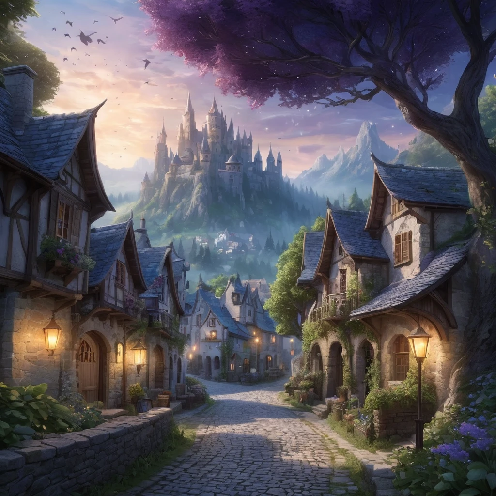 Create an incredibly enchanting and visually stunning image of an "Ancient Otherworldly Little Town." Imagine a secluded, mystical village nestled in a hidden valley, surrounded by towering, ethereal mountains and dense, enchanted forests. The architecture of the town is a blend of ancient stone buildings with intricate carvings and organic, nature-inspired structures that seem to grow from the ground itself.
In the foreground, a cobblestone street winds through the town, lined with lanterns that emit a soft, magical glow. The townspeople, dressed in robes and garments of an otherworldly style, go about their daily activities, some tending to glowing gardens, others working with mysterious artifacts.
The town square features a magnificent, ancient tree with sprawling branches that reach towards the sky, its leaves shimmering with an iridescent light. Around the tree, market stalls sell exotic goods and magical items, creating a bustling, vibrant atmosphere.
The sky above is a twilight gradient of deep purples, blues, and teals, with stars and celestial phenomena adding to the sense of wonder. The mountains and forests in the background are bathed in a soft, ethereal mist, adding depth and mystery to the scene.
The color palette should be rich and mystical, with a harmonious blend of natural and magical hues. Use detailed, flowing lines to capture the intricate beauty of the town and its surroundings. The entire image should evoke a sense of wonder, serenity, and the timeless charm of an ancient, otherworldly little town.