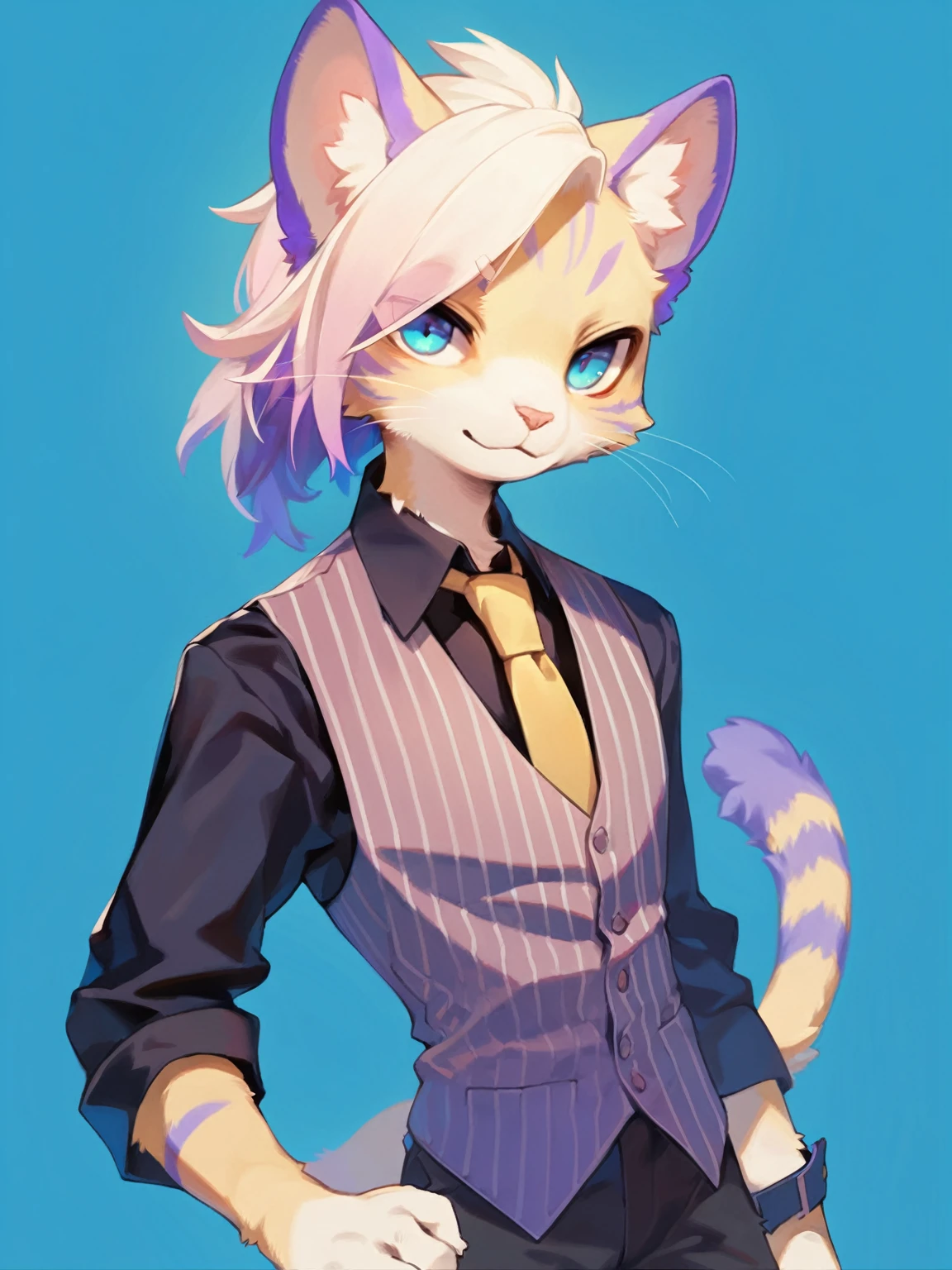 ultra-detailed illustration of anthro cat, male cat in suit, blue eyes, beige body, white and purple hair, gradation hair, hair over one eye, furry, kemono, fursona, tail, black shirt, light blue and white striped vest, yellow tie, black pants, masterpiece, best quality, beautiful illustration, very aesthetic art, simple background