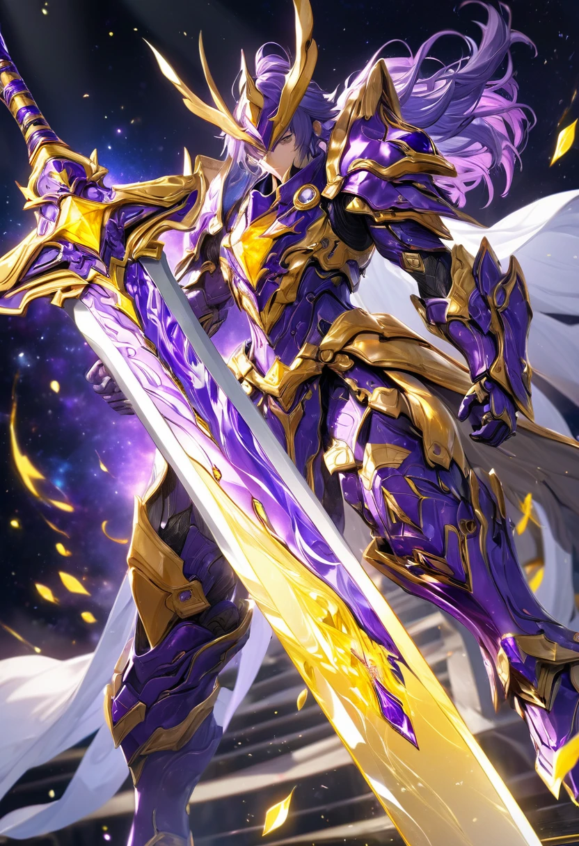 masterpiece, 8k, best quality, highly detailed, two handed greatsword made of purple cosmic metal & yellow energy 