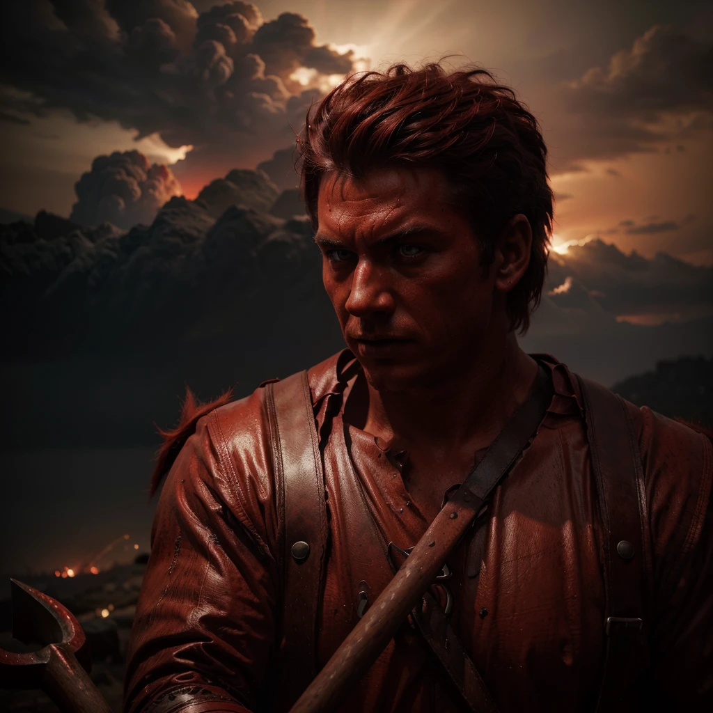a red demon with a large red axe, dramatic red lightstorms in the background, highly detailed, hyper realistic, cinematic lighting, dark fantasy, moody atmosphere, dramatic poses, intricate details, vivid colors, (best quality,4k,8k,highres,masterpiece:1.2),ultra-detailed,(realistic,photorealistic,photo-realistic:1.37)