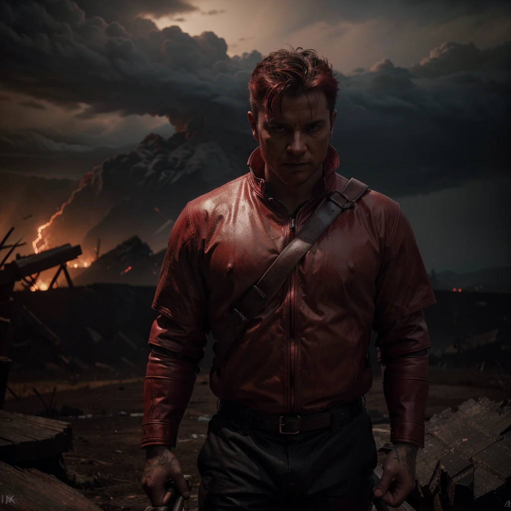 a red demon with a large red axe, dramatic red lightstorms in the background, highly detailed, hyper realistic, cinematic lighting, dark fantasy, moody atmosphere, dramatic poses, intricate details, vivid colors, (best quality,4k,8k,highres,masterpiece:1.2),ultra-detailed,(realistic,photorealistic,photo-realistic:1.37)