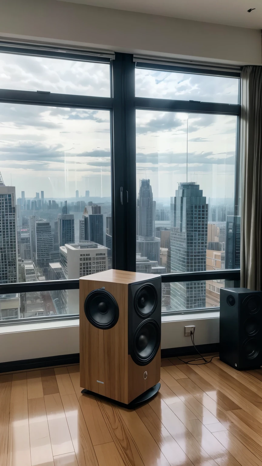 Large room in a building with a city view, cloudy day, two speakers and a laptop on the floor 