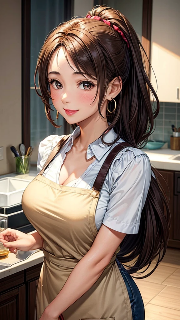 Female 26 years old，housewife，Sunlight，Smile，put on lipstick，light brown short curly hair，Tie a ponytail on the left side，Slightly plump，half moon earrings，Close-up photo of face，Home apron，There is a grain in the corner of the eye。