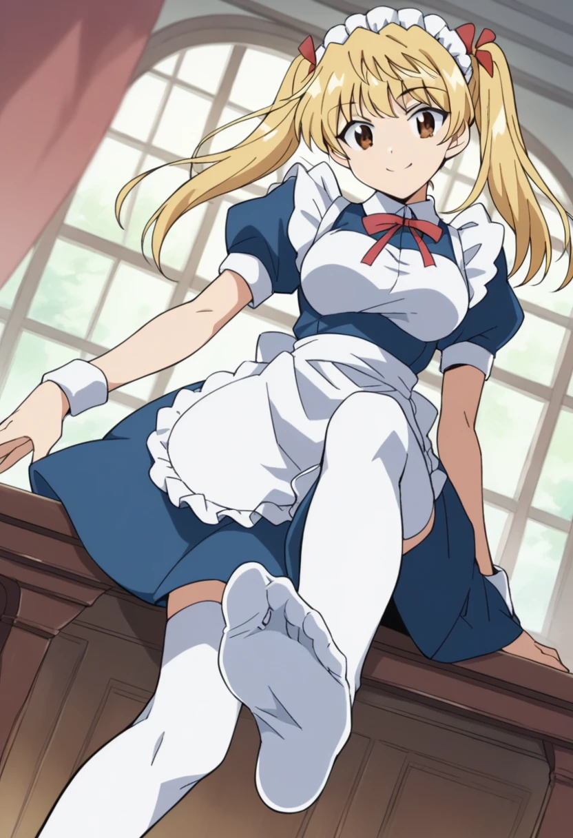  sawachika eri, twintail,sawachika eri, twintails, long hair, blonde hair, brown eyes, hair ribbon,smile, hair ribbon,, bob cut, smile, maid, blue dress, maid apron, maid headdress, red neck ribbon, puffy short sleeves, white wristband, white thighhighs, dutch angle, score_9, score_8_up, score_7_up, score_6_up, anime coloring,Seated pose, focus on soles of feet