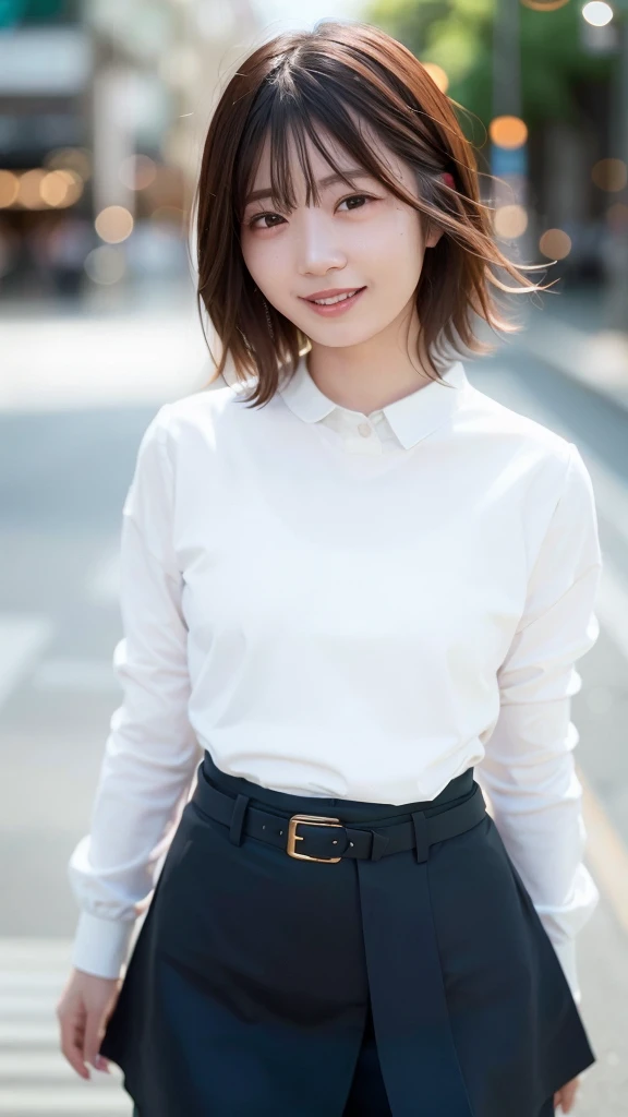(Skin wounds:1.2), (Skin Dentition), black eye, 1woman, Age 25, (((woman))), alone, Realistic, Highest quality, photoRealistic, masterpiece, 8K, High resolution, alone, Highly detailed face, (Professional Lighting, Bokeh), (Particles of light, Lens flare, Glowing particles:0.6), (Dynamic pose:1.2), Soft lighting, View from above, Fashionable and trendy atmosphere, Japan, street, city, Tokyo, port, ((Daytime)), null, ((Looking at the audience:1)), (Looking into the camera),(Portraiture:0.6), Cowboy Shot, nice, Are standing, Maintain the original face proportions, Broad shoulders, whole body, (Small breasts), (short hair), Brown Hair, Floating Hair, lips, lipstick, seductive smile, Floating Hair, smile, Open_mouth, teeth, (White blouse without sleeves), (Jumper skirt), eyelash, Mole, (Mole under eye:1),