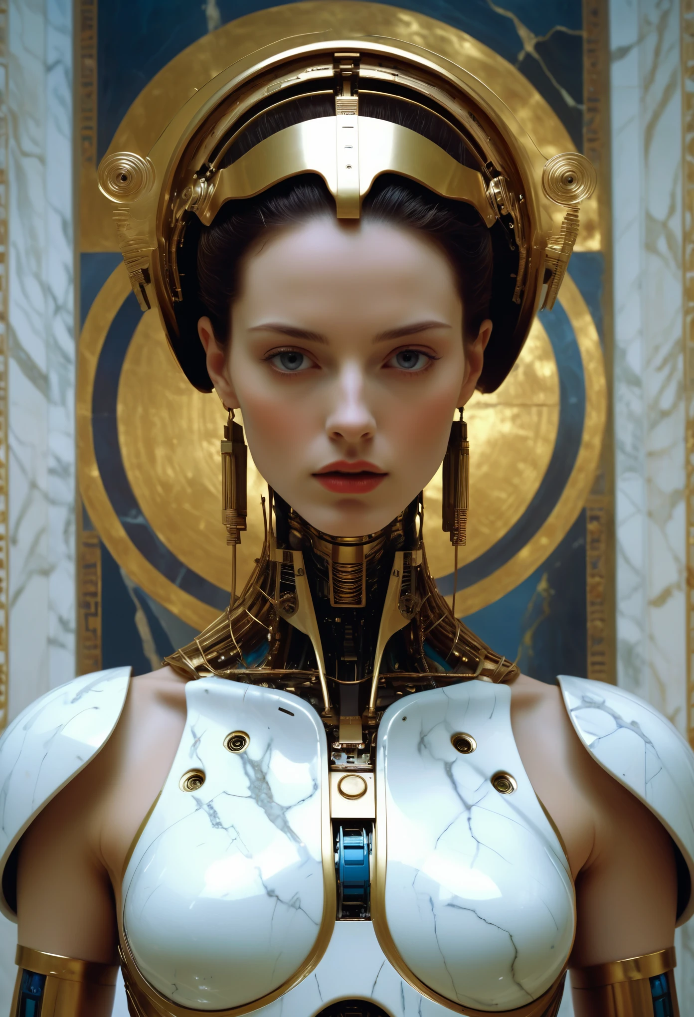 film still, close-up, upright robot woman, half human half machine, has a toxic character, suffers from narcissistic personality disorder, from among an ancient Greek gallery of paintings and marble, religious symbolism, quantum wavetracing, high fashion editorial, glsl shaders, semiconductor and electronic computer hardware, amazing quality, wallpaper, analogue film grain, perfect facial skin