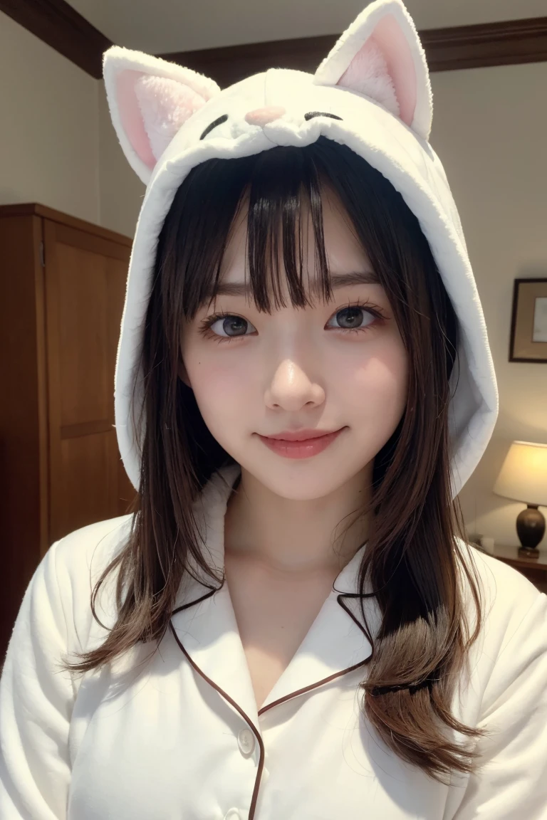 one girl, (a beauty girl, delicate girl:1.3), (Age 25:1.3),
break, (White fluffy kigurumi pajamas, Cat costume:1.2), (Upper Body:1.2),
break, Definition of very fine particles, (Symmetrical eyes:1.3),
break, (Bedroom:1.3), 
break, Small breasts, Brown eyes, Parted bangs, Brown Hair,  girl,
break, (Eye and facial details:1.0),
break, (masterpiece, Highest quality, Very detailed, Detailed face, 8K)、Upper Bodyは裸、Nipples sticking out、smile、