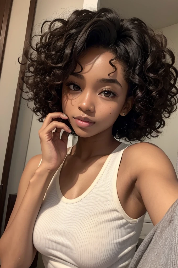 Selfie of a girl with dark skin and curly hair
