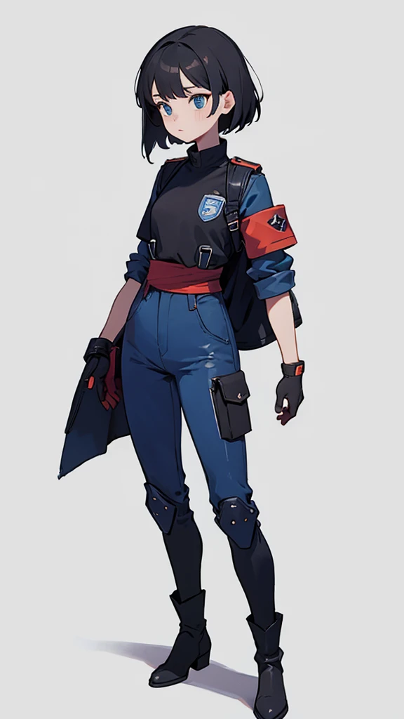 1,An android that resembles a human,Deep blue eyes,Short black hair,Dark blue uniform,Island symbol on chest,Red armband on right arm,gloves,Dark blue pants for easy movement,Many side pockets,Black leather boots,badge,White background,whole body,Character portrait,