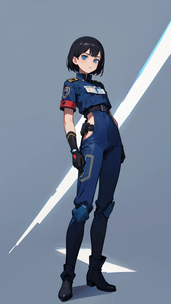 1,An android that resembles a human,Deep blue eyes,Short black hair,Dark blue uniform,Island symbol on chest,Red armband on right arm,gloves,Dark blue pants for easy movement,Many side pockets,Black leather boots,badge,White background,whole body,Character portrait,