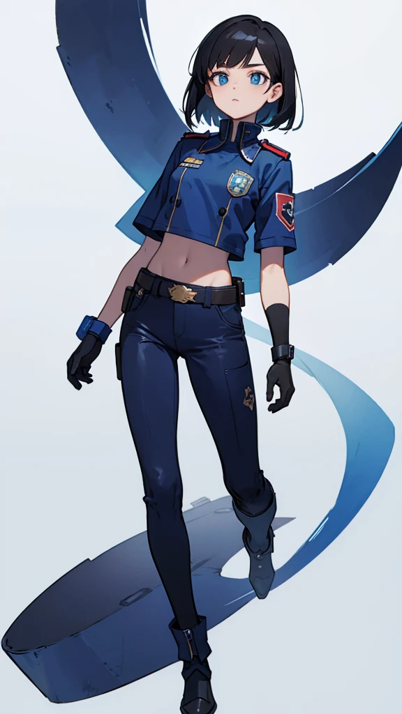 1,An android that resembles a human,Deep blue eyes,Short black hair,Dark blue uniform,Island symbol on chest,Red armband on right arm,gloves,Dark blue pants for easy movement,Many side pockets,Black leather boots,badge,White background,whole body,Character portrait,