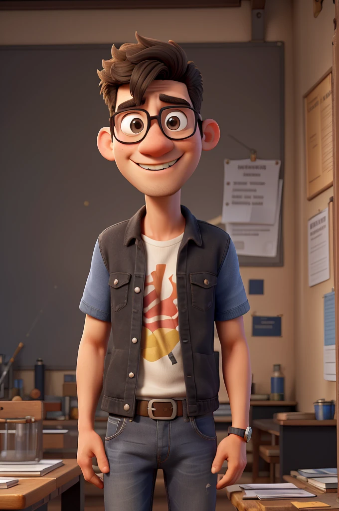 create the image of a middle-aged teacher teacher, super hero with the characteristics described, in Pixar cartoon style, with a slim and elegant physique, with a confident and upright posture, aged around 40 years, already with some light wrinkles that denote wisdom, white skin color. He should have a face with black hair, with some white threads mixed in, short-hair, smooth with some natural waves, very full and black in color. He must be running out, Golden rim, intellectual style glasses., wearing jeans and a Pink Floyd t-shirt, have a sweet smiling facial expression, sharp and intelligent appearance showing an intelligent and sweet personality, but with a touch of sarcasm. into the image, He should be in a pose that reflects his intelligence and confidence, maybe with a book or scientific formulas lying around, indicating his passion for physical chemistry