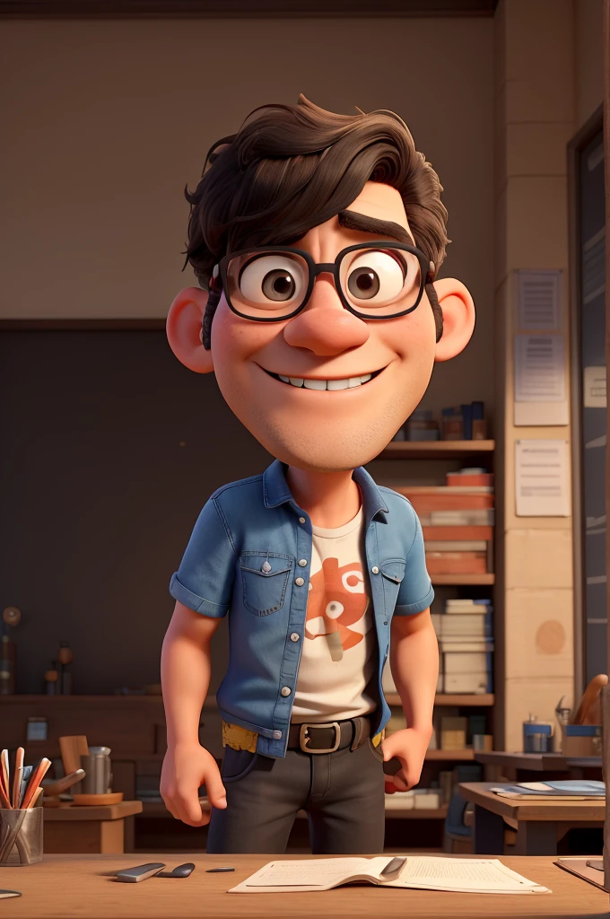 create the image of a middle-aged teacher teacher, super hero with the characteristics described, in Pixar cartoon style, with a slim and elegant physique, with a confident and upright posture, aged around 40 years, already with some light wrinkles that denote wisdom, white skin color. He should have a face with black hair, with some white threads mixed in, short-hair, smooth with some natural waves, very full and black in color. He must be running out, Golden rim, intellectual style glasses., wearing jeans and a Pink Floyd t-shirt, have a sweet smiling facial expression, sharp and intelligent appearance showing an intelligent and sweet personality, but with a touch of sarcasm. into the image, He should be in a pose that reflects his intelligence and confidence, maybe with a book or scientific formulas lying around, indicating his passion for physical chemistry