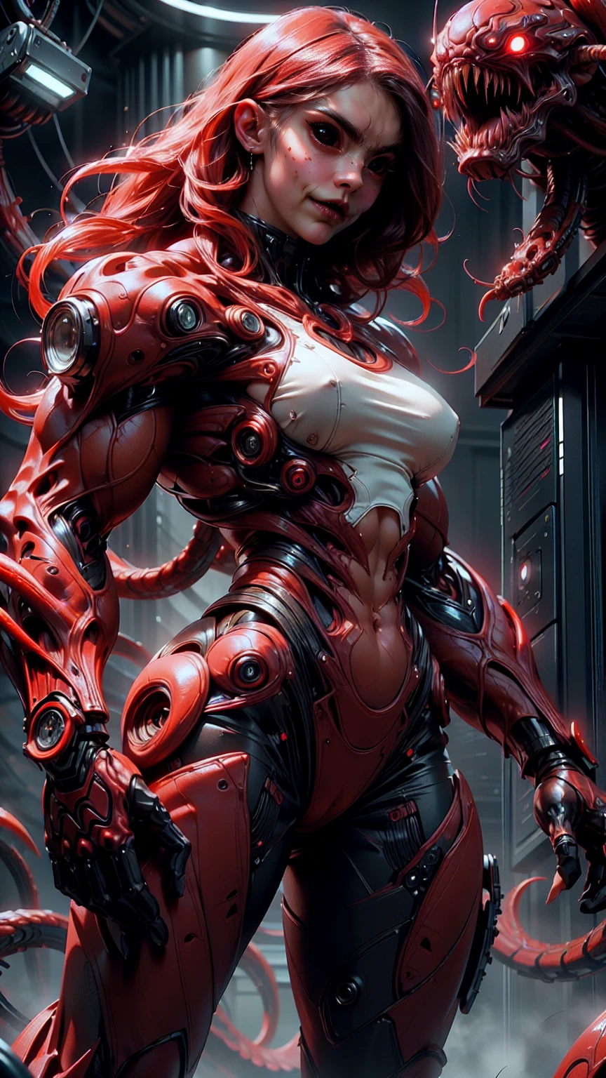 (beautiful girl:1.25), (megan fox:1.25), (young bodybuilder girl wearing cybernetic muscle suit:1.25), (medusa head with snakes for hair), carnage muscular physique, seductive face, mouth wide open carnage style, long red hair, perfect muscular body, super skinny legs, sissy, femboy, (carnage style physique)