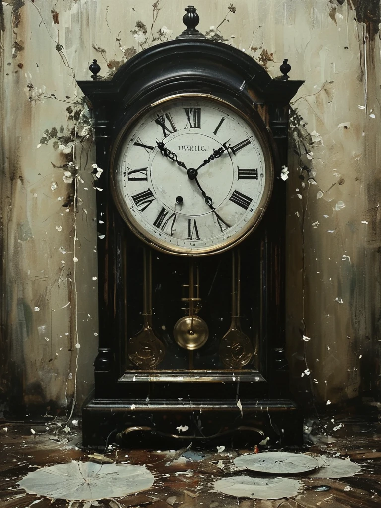 amazing,  Majestic, elegant, Abstract, Abstract floral background, Photorealism, Ultra-detailed, Hyperrealism Mentixis, Metics、Big old clock、Magazines scattered on the floor