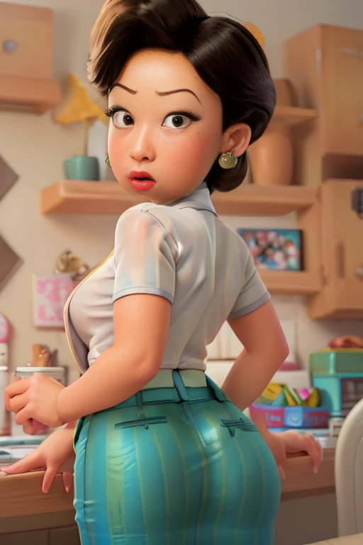 Ming Lee, (8k, photo and gross, Best Quality, Masterpiece:1.2), (intricate details), (Best Quality), (high resolution), ((Perfect eyes)), Perfect face, perfect lighting, vivid colors, , naked,intense colours, 1 girl, cartoon style, mingle, big ass, big butt, big and thick buttocks, sexy legs , big chest, extremely tight clothing, to throw, Mini, secretary style skirt, showing huge ass, exposed ass, naked ass, micro tanga V-String, cropped blouse, anal , translucent stuff