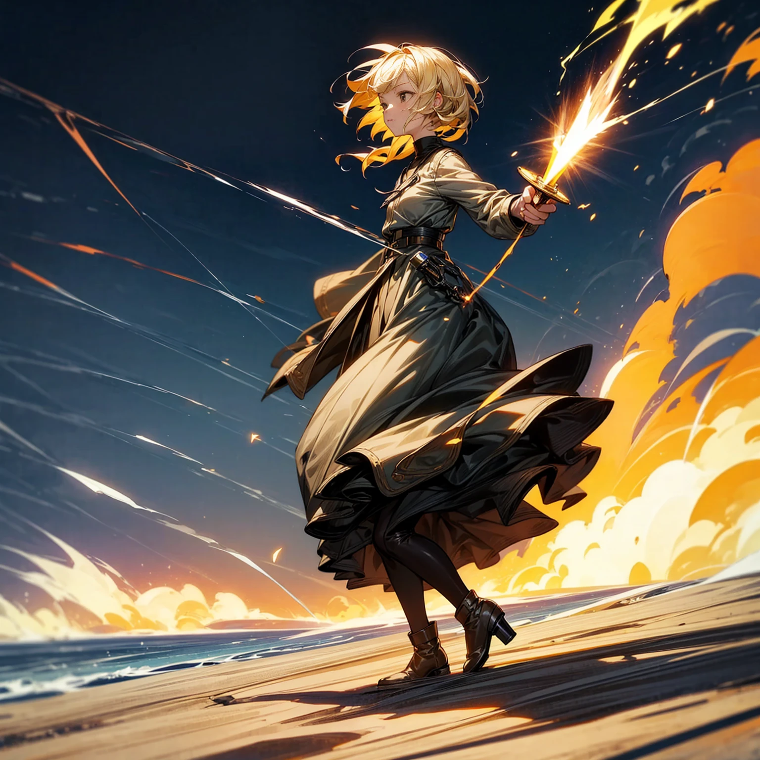 1girl, Full body version, 1character, girl version, black eyes color, bob Curly haircut, blonde colour hair, army style clothing, long skirt, long boots, knife in hand, Grassroots, background in beach, motion blur, (one piece style art), standing gesture, (high angle view) , aura effect, lighting aura, smoke effect, lighting sun, sun, plasma effect, smoke effect, fire, lighting knife