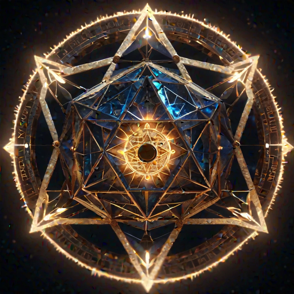 Eye of Truth,iruminathi,Transfiguration Wheel, Represents the sacred geometry of the icosahedron, 4K, Cinematic, Volumetric lighting, Magic