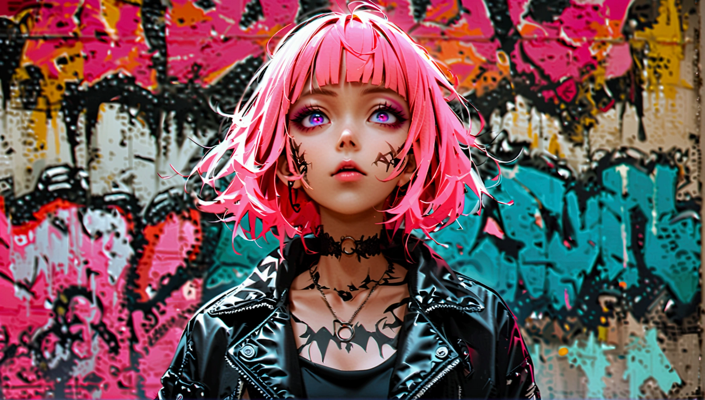 From below、Playing the guitar、Performance、Black Hair、Bobcut、blunt bangs、Step Piece, Best Quality, Best Illustration, Ultra-detailed,girl, pinkrose long hair, crazy baddie girl, Cool Black Open Short Jacket, neck tattoo, Messy Fade Cut Hair, Side braided hair,Crazy, standing with an eerie feeling, abandond street graffiti wall background,knee high socks, quirky sneakers, Eyeshadow on the eyes,unusual colored eyes, Eyes of fear, vivid eyes, cool shot